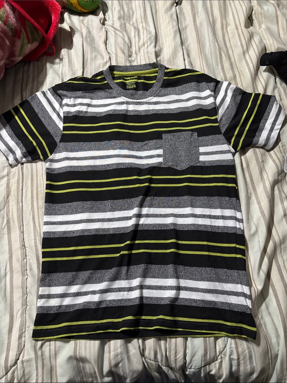 Striped Crew Neck Pocket Tee in Black, Gray & Lime - Men's